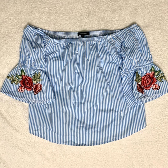 White & Blue Striped Off the Shoulder Top - Picture 1 of 5